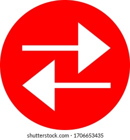 Two white arrows against a red circle. The first arrow points to the right, the second to the left. Icon, pointer, sign.