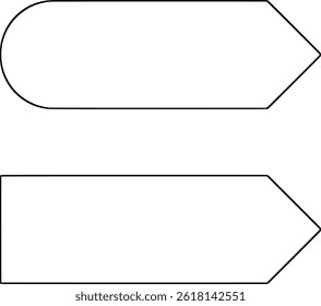 Two white arrow-shaped labels with black outlines, one rounded and one rectangular, used in diagrams, UI design, or directional indicators