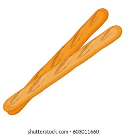 Two white baguettes close-up hand drawn figure on white background. Vector illustration of bakery products. Long soft bread with slits along entire length. Realistic french buns