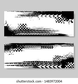 Two white banners with black grunge elements and tire tracks