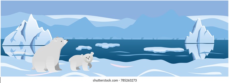 two white bear in the background Arctic ice. vector illustration