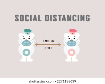 Two white bears character with n95 mask maintain social distancing to prevent from virus spreading and flu prevention, coronavirus, social isolation and self quarantine concept.