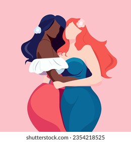 Two white black girl, female hugging, girlfriends, friends, gay, lesbian