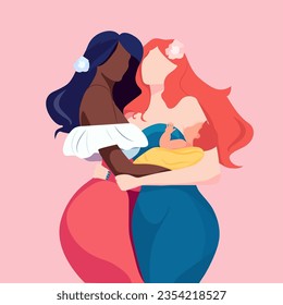 Two white black girl, female hugging, girlfriends, friends, gay, lesbian