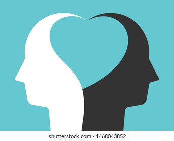 Two white and black head silhouettes united by heart shape inside them on turquoise blue. Unity, tolerance, peace, love concept. Flat design. Eps 8 vector illustration, no transparency, no gradients