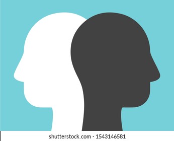 Two white and black head silhouettes on turquoise blue background. Psychology, diversity, tolerance and opposites concept. Flat design. EPS 10 vector illustration, no transparency, no gradients