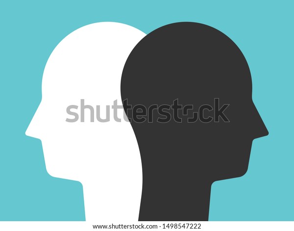 Two white and black head silhouettes on\
turquoise blue background. Psychology, diversity, tolerance and\
opposites concept. Flat design. EPS 8 vector illustration, no\
transparency, no gradients