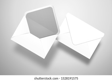 Two white blank envelopes, open and closed above the surface. Diagonal mockup for design or branding with realistic shadows