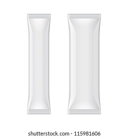 Two White Blank Foil Packaging Coffee, Salt, Pepper Or Spices Stick Plastic Pack Ready For Your Design. Snack Product Packing Vector EPS10