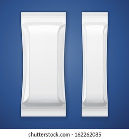 Two White Blank Foil Packaging Sachet Coffee, Salt, Sugar, Pepper Or Spices Stick Plastic Pack Ready For Your Design. Snack Product Packing Vector EPS10 