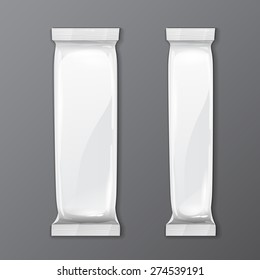 Two White Blank Foil Packaging On Gray Background Sachet Coffee, Salt, Sugar, Pepper Or Spices Stick Plastic Pack Ready For Your Design. Snack Product Packing Vector EPS10