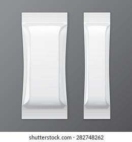 Two White Blank Foil Packaging On Gray Background Sachet Coffee, Salt, Sugar, Pepper Or Spices Stick Plastic Pack Ready For Your Design. Snack Product Packing Vector EPS10