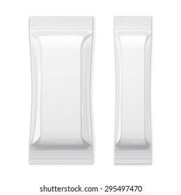 Two White Blank Foil Packaging Sachet Coffee, Salt, Sugar, Pepper Or Spices Stick Plastic Pack Ready For Your Design. Snack Product Packing Vector EPS10 