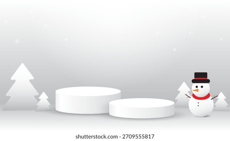 Dos podios en blanco blanco para productos de espectáculo en Navidades felices y feliz año nuevo fondo de Elementos de festival, Ilustración vectorial.