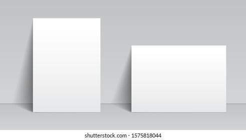 Two white blank sheet of paper leaning at the wall template, A4 paper page, mockup, sheet on wall – stock vector