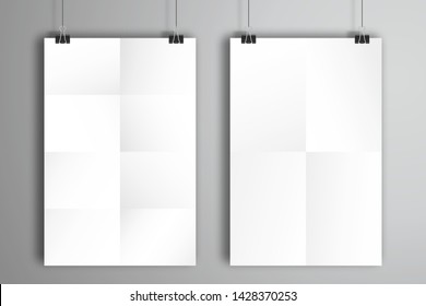 Two white blank sheets of paper, folded into four and eight are hanging on clips. Mockup template with shadow
