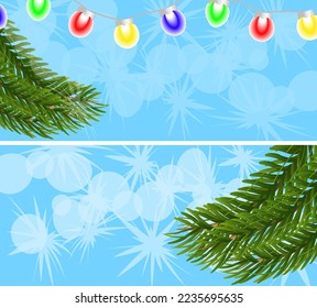 Dos banderas blancas y azules con copos de nieve, ramas de abeto y un guirnalda. Concepto de navidad y año nuevo. Imagen del vector