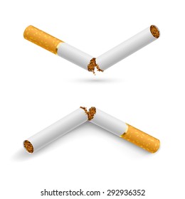 Two white broken cigarettes on a white background