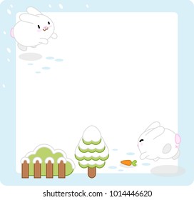 Two white bunnies jumping in the snow with fir tree, bush and carrot, middle left blank for text (vector template)