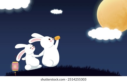 Two white bunnies sit on a grassy hill under a glowing full moon, with one holding a mooncake.