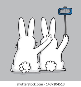 Two white bunnies taking a selfie photo with a cell phone. Vector illustration.