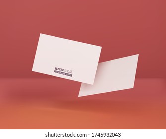 Two white business cards on a corral background in space. Vector illustration. 3d template for design visualization.