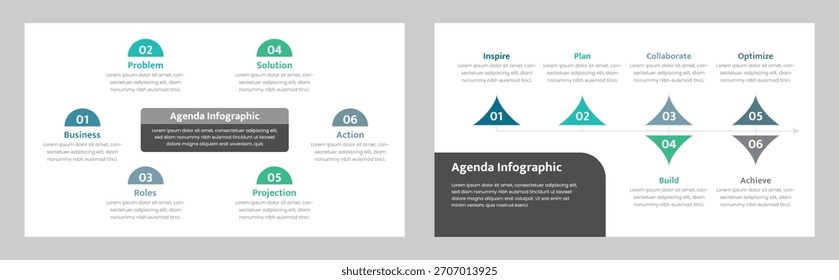 Dos diapositivas de presentación de negocios en blanco muestran diferentes diseños de infografía de agenda con distintos pasos, títulos y texto descriptivo que ofrece una visualización organizada de la información.