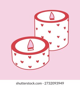 Two White Candles with Cute Hearts, Valentine  Day, Vector Illustration. Minimalist illustration of two white decorative candles with small cute hearts. Romantic Valentines Day design element for greeting cards, banners, invitations and cozy love decor.