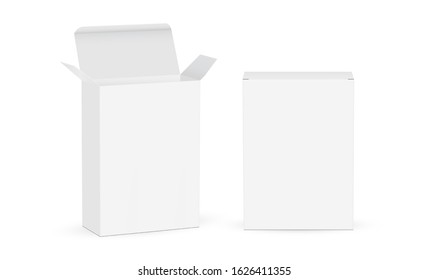 Two white cardboard boxes, opened and closed mockups isolated on white background. Vector illustration