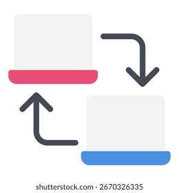 zwei weiße Karten mit gekrümmten Pfeilen, die die Datenübertragung darstellen; ideal für UI, Dashboards und Marketing bei Synchronisation und Migration.