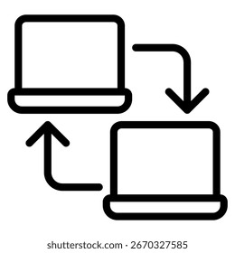 Two white cards with curved arrows depicting data transfer; ideal for UI, dashboards, and marketing on synchronization and migration.