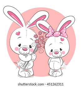 Two White cartoon Rabbits boy and girl