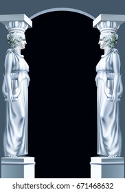 Two white Caryatids on a black background