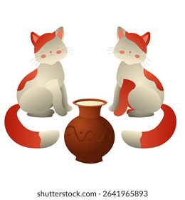 Two white cats and a clay jug with milk. 