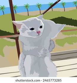 Dos gatos blancos se abrazan en la playa. La ilustración está hecha principalmente en colores cálidos. La imagen transmite belleza, paz, amor y confianza.