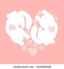 Two white cats lie in the shape of a heart on a pink background. Vector illustration for valentine's day