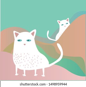 
Two white cats with pink ears walk in the mountains. Flat images are made in green, pink, beige.