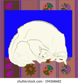 Two white  cats sleeping in my house on a blue and ornamental background.