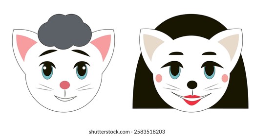 Two white cats with unique hairstyles. Vector illustration.