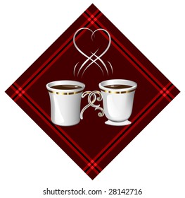 Two white ceramic cups on the red.  Vector illustration.