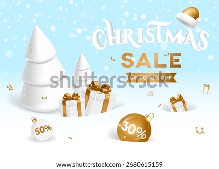 Two white Christmas trees with gift boxes around them. Gift boxes and Christmas tree baubles with 30% and 50% discounts are piled in snowdrifts. Christmas sale with up to 70% off.