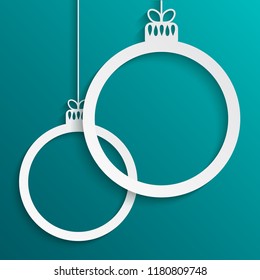 Two White Circles Christmas Tree Toy. New Year and Christmas Frame for Text Greeting Card. White Circles Banner with Christmas Tree Toy. White Frame Toy Winter Season. Holidays Banner.