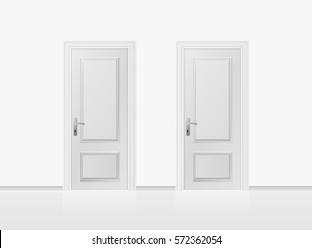 Two white closed doors isolated on white background. Realistic vector illustration.