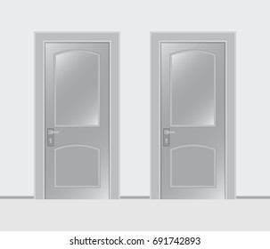 Two white closed doors isolated on white background. Realistic vector illustration.