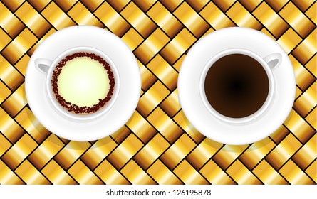 Two white coffee cups on yellow background,vector eps10