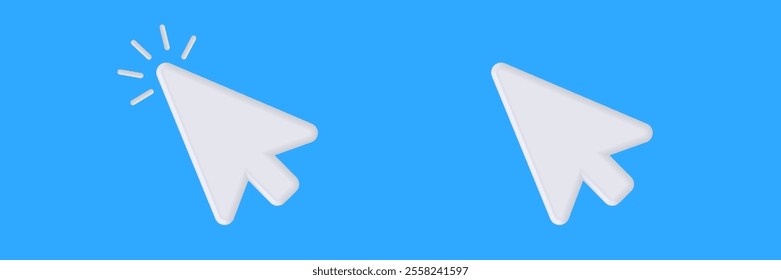 Two white computer cursors, one with a click effect, representing interaction and focus.