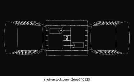 Duas cadeiras de contorno branco e uma mesa são ilustradas em uma vista de cima para baixo minimalista contra um fundo preto sólido. As cadeiras apresentam contornos limpos com pernas e encostos visíveis