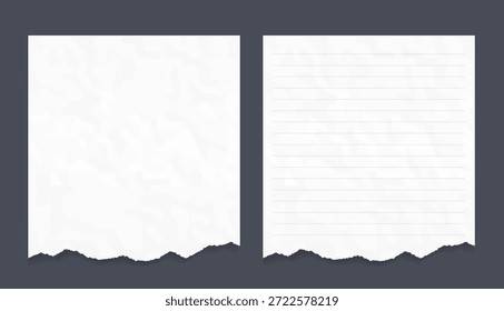 Dos hojas de papel arrugadas blancas con bordes inferiores rasgados, una en blanco y otra con líneas Horizontales