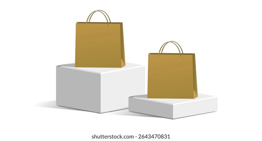 Two White cube block podium, stage, pedestal, and platform with a blank shopping bag vector. Perfect for retail promotions, product launches, sales, and e-commerce visuals.