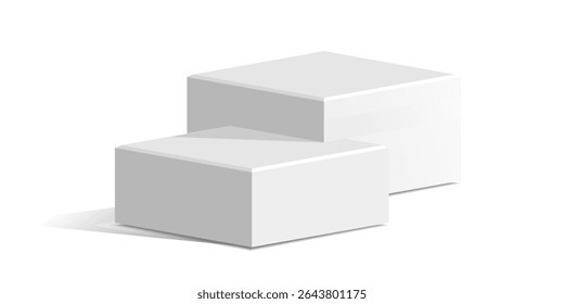 Two White cube block podium stage pedestal and platform vector, a minimalist display element. Ideal for product showcases, presentations, awards, exhibitions, and modern design.